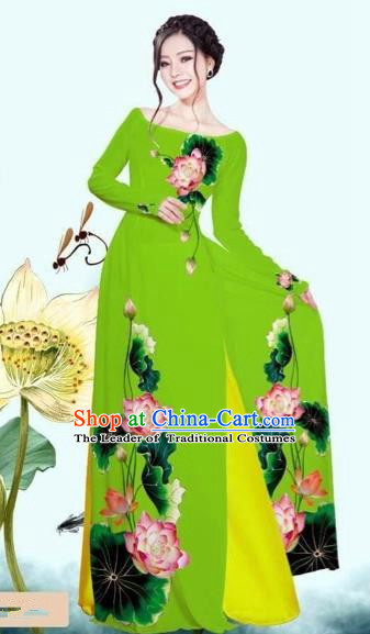 Traditional Top Grade Asian Vietnamese Costumes Classical Printing Lotus Green Cheongsam, Vietnam National Vietnamese Princess Bride Off Shoulder Ao Dai Dress