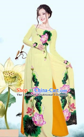 Traditional Top Grade Asian Vietnamese Costumes Classical Printing Lotus Yellow Cheongsam, Vietnam National Vietnamese Princess Bride Off Shoulder Ao Dai Dress