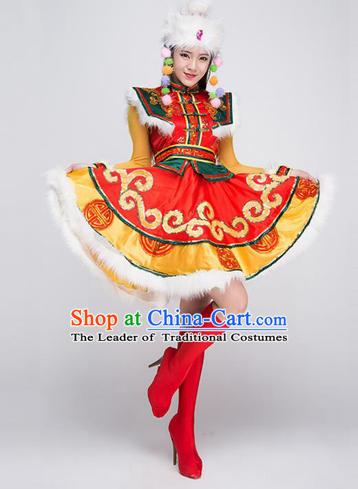 Traditional Chinese Mongol Nationality Dancing Costume, Mongols Female Ethnic Pleated Skirt, Chinese Mongolian Minority Nationality Embroidery Costume for Women