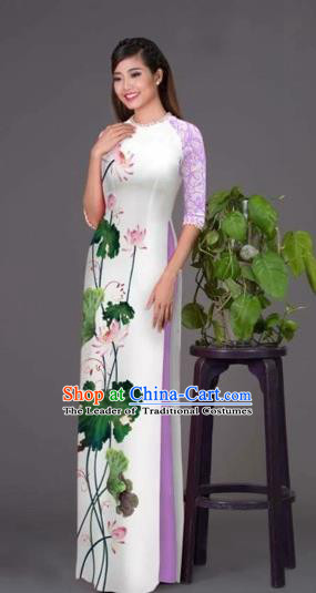 Traditional Top Grade Asian Vietnamese Costumes Classical Printing Lotus White Cheongsam, Vietnam National Vietnamese Princess Bride Korean Silk Ao Dai Dress