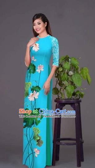 Traditional Top Grade Asian Vietnamese Costumes Classical Printing Lotus Blue Cheongsam, Vietnam National Vietnamese Princess Bride Korean Silk Ao Dai Dress