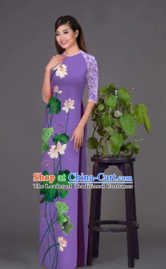 Traditional Top Grade Asian Vietnamese Costumes Classical Printing Lotus Purple Cheongsam, Vietnam National Vietnamese Princess Bride Korean Silk Ao Dai Dress