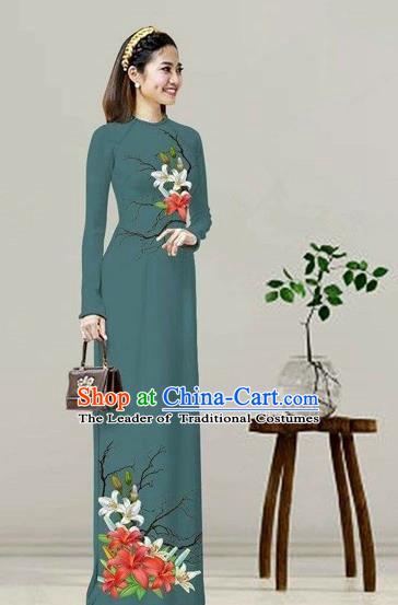 Traditional Top Grade Asian Vietnamese Costumes Classical Printing Olive Green Cheongsam, Vietnam National Vietnamese Bride Ao Dai Dress