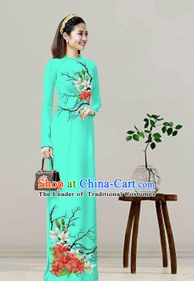 Traditional Top Grade Asian Vietnamese Costumes Classical Printing Viridis Cheongsam, Vietnam National Vietnamese Bride Ao Dai Dress