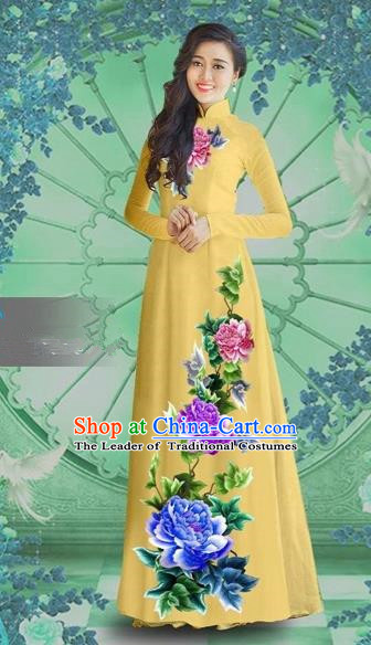 Traditional Top Grade Asian Vietnamese Costumes Classical Printing Light Yellow Chiffon Cheongsam, Vietnam National Vietnamese Bride Ao Dai Dress