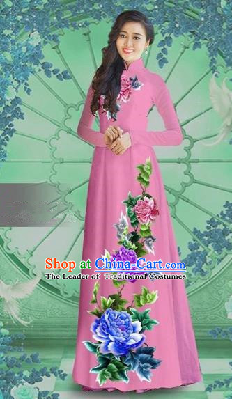 Traditional Top Grade Asian Vietnamese Costumes Classical Printing Pink Chiffon Cheongsam, Vietnam National Vietnamese Bride Ao Dai Dress