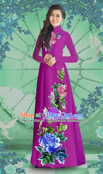 Traditional Top Grade Asian Vietnamese Costumes Classical Printing Purple Chiffon Cheongsam, Vietnam National Vietnamese Bride Ao Dai Dress