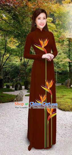 Traditional Top Grade Asian Vietnamese Costumes Classical Printing Long Cheongsam, Vietnam National Vietnamese Princess Bride Wine Red Ao Dai Dress