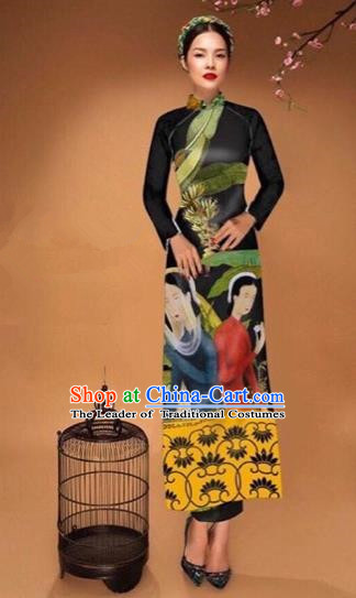 Traditional Top Grade Asian Vietnamese Costumes Classical Printing Cheongsam, Vietnam National Vietnamese Bride Black Ao Dai Dress Tang Suit Clothing