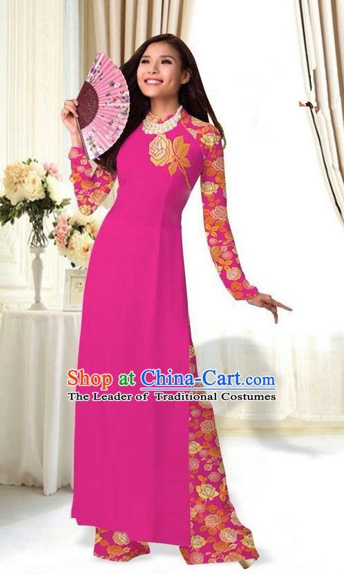 Top Grade Asian Vietnamese Costumes Classical Jing Nationality Printing Flower Rosy Cheongsam, Vietnam National Vietnamese Traditional Princess Ao Dai Dress