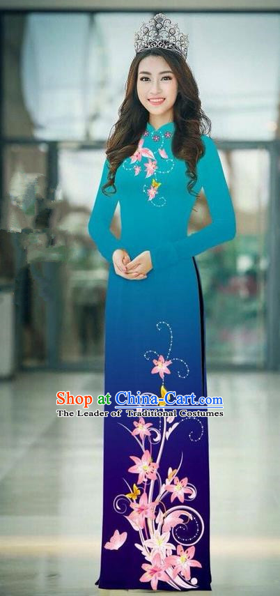 Top Grade Asian Vietnamese Costumes Classical Jing Nationality Printing Handmade Peacock Green Cheongsam, Vietnam National Vietnamese Traditional Princess Ao Dai Dress