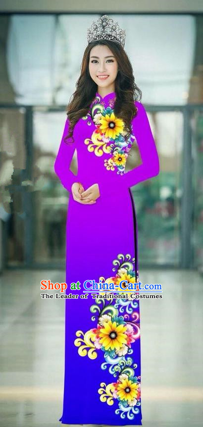 Top Grade Asian Vietnamese Costumes Classical Jing Nationality Printing Handmade Fuschia Cheongsam, Vietnam National Vietnamese Traditional Princess Ao Dai Dress