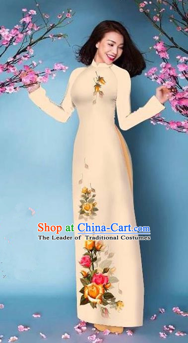 Top Grade Asian Vietnamese Costumes Classical Jing Nationality Printing Handmade Beige Cheongsam, Vietnam National Vietnamese Bride Traditional Princess Ao Dai Dress