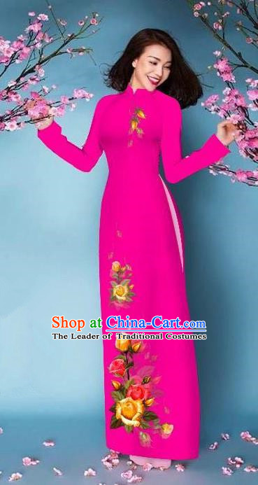 Top Grade Asian Vietnamese Costumes Classical Jing Nationality Printing Handmade Rosy Cheongsam, Vietnam National Vietnamese Bride Traditional Princess Ao Dai Dress