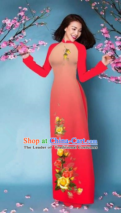 Top Grade Asian Vietnamese Costumes Classical Jing Nationality Printing Handmade Watermelon Red Cheongsam, Vietnam National Vietnamese Bride Traditional Princess Ao Dai Dress