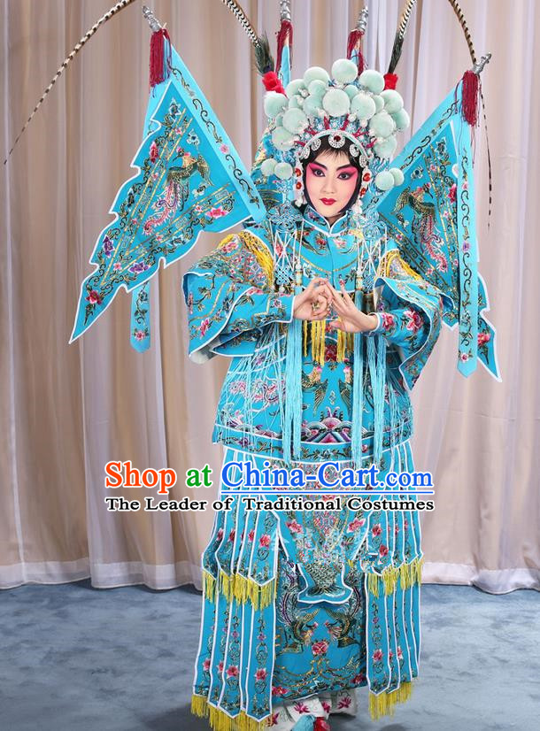 Traditional Chinese Beijing Opera Magic Warriors Blue Clothing and Shoes Complete Set, China Peking Opera Blues Costume Embroidered Robe Opera Costumes