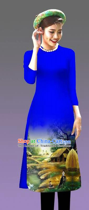 Top Grade Asian Vietnamese Costumes Classical Jing Nationality Landscape Painting Cheongsam, Vietnam National Vietnamese Bride Traditional Princess Royalblue Ao Dai Dress