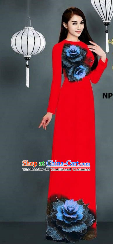 Top Grade Asian Vietnamese Costumes Classical Jing Nationality Printing Long Cheongsam, Vietnam National Clothing Bride Traditional Red Ao Dai Dress