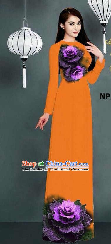 Top Grade Asian Vietnamese Costumes Classical Jing Nationality Printing Long Cheongsam, Vietnam National Clothing Bride Traditional Orange Ao Dai Dress