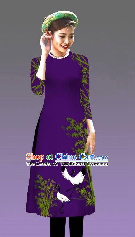 Top Grade Asian Vietnamese Costumes Classical Jing Nationality Crane Pattern Short Cheongsam, Vietnam National Clothing Bride Traditional Deep Purple Ao Dai Dress