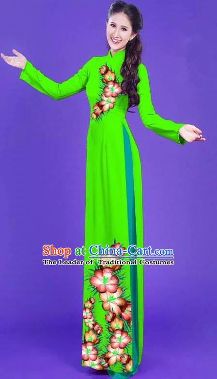 Top Grade Asian Vietnamese Costumes Classical Jing Nationality Long Printing Flowers Cheongsam, Vietnam National Vietnamese Bride Traditional Princess Green Ao Dai Dress