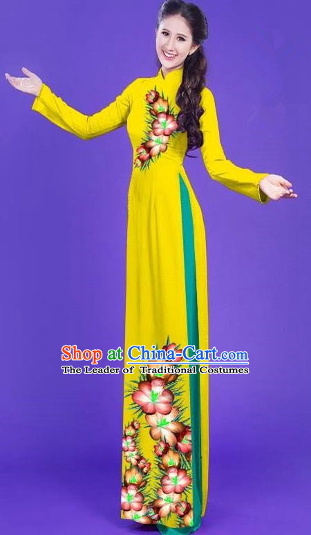 Top Grade Asian Vietnamese Costumes Classical Jing Nationality Long Printing Flowers Cheongsam, Vietnam National Vietnamese Bride Traditional Princess Yellow Ao Dai Dress