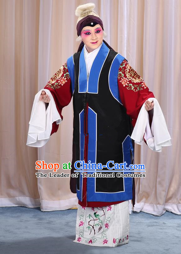 Traditional Chinese Beijing Opera Old Female Black Vest and Robes Complete Set, China Peking Opera Pantaloon Costume Embroidered Clothing Opera Costumes