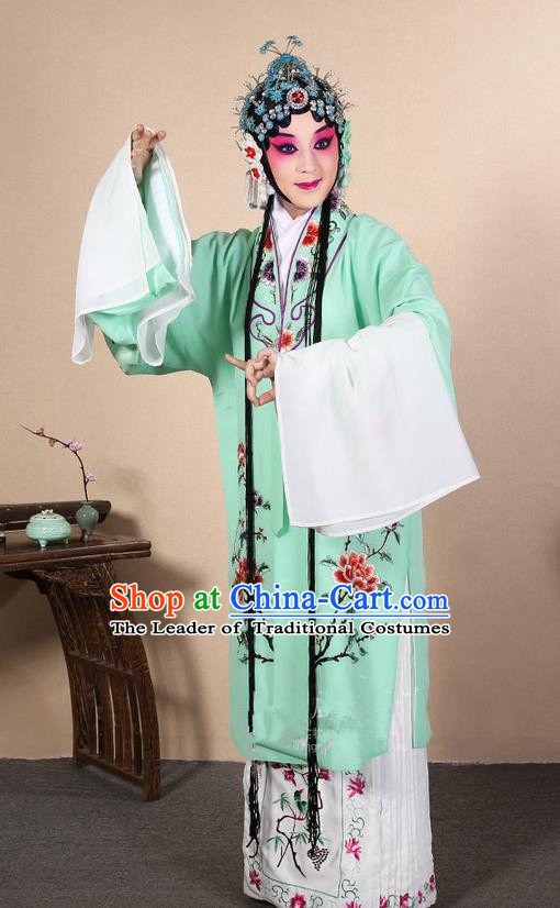 Traditional Chinese Beijing Opera Huangmei Opera Female Green Clothing and Headwear Complete Set, China Peking Opera Diva Role Hua Tan Costume Embroidered Opera Costumes
