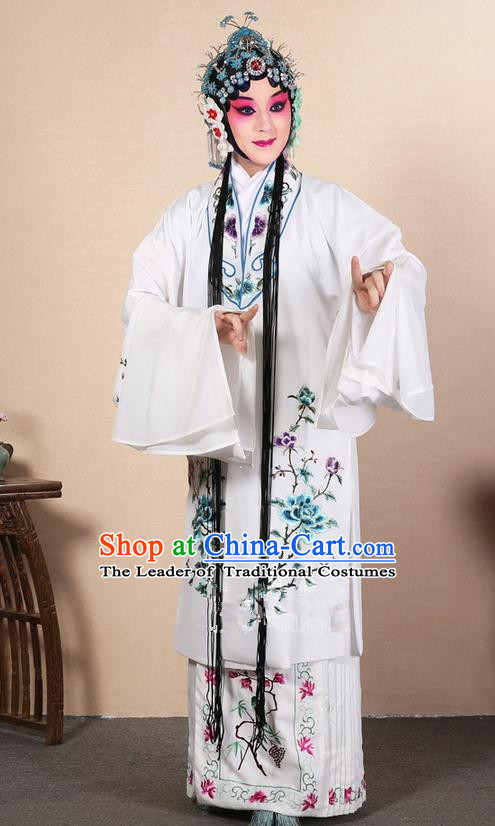 Traditional Chinese Beijing Opera Huangmei Opera Female White Clothing and Headwear Complete Set, China Peking Opera Diva Role Hua Tan Costume Embroidered Opera Costumes