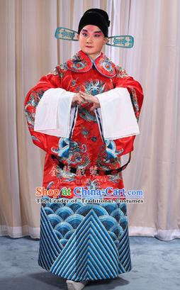 Traditional Chinese Beijing Opera Male Red Clothing and Belts Complete Set, China Peking Opera His Royal Highness Costume Embroidered Robe Opera Costumes