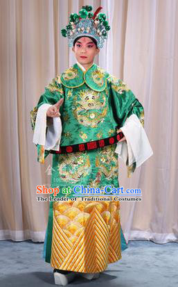 Traditional Chinese Beijing Opera Male Green Clothing and Belts Complete Set, China Peking Opera His Royal Highness Costume Embroidered Robe Opera Costumes