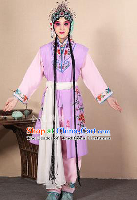 Traditional Chinese Beijing Opera Shaoxing Opera Young Female Purple Vest Clothing Complete Set, China Peking Opera Diva Role Hua Tan Costume Embroidered Opera Costumes