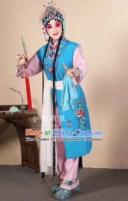 Traditional Chinese Beijing Opera Shaoxing Opera Young Female Blue Vest Clothing Complete Set, China Peking Opera Diva Role Hua Tan Costume Embroidered Opera Costumes
