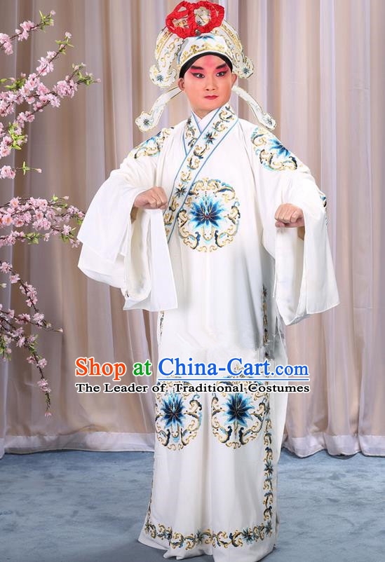 Traditional Chinese Beijing Opera Takefu White Clothing Complete Set, China Peking Opera Martial General Role Costume Embroidered Opera Costumes