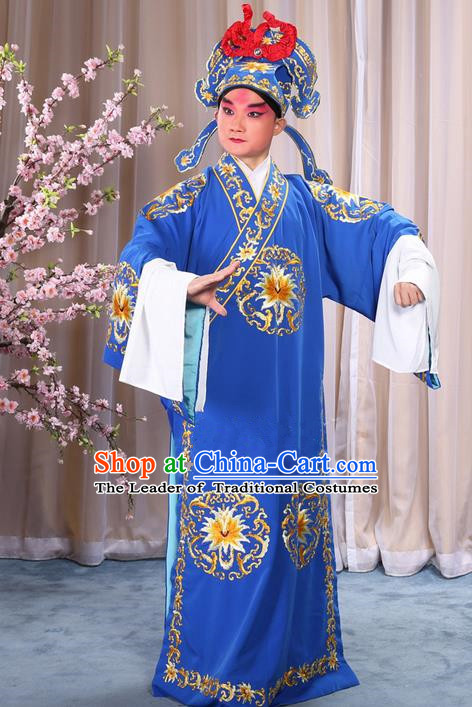 Traditional Chinese Beijing Opera Takefu Blue Clothing Complete Set, China Peking Opera Martial General Role Costume Embroidered Opera Costumes