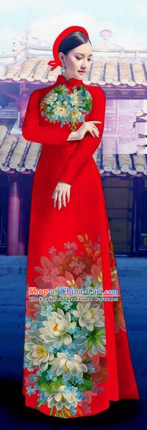 Top Grade Asian Vietnamese Costumes Classical Jing Nationality Long Red Cheongsam, Vietnam National Clothing Vietnamese Bride Traditional Printing Flowers Ao Dai Dress