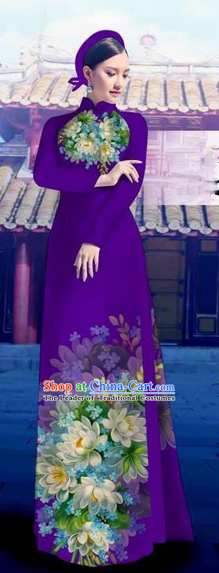 Top Grade Asian Vietnamese Costumes Classical Jing Nationality Long Purple Cheongsam, Vietnam National Clothing Vietnamese Bride Traditional Printing Flowers Ao Dai Dress