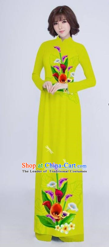 Top Grade Asian Vietnamese Costumes Classical Jing Nationality Long Cheongsam, Vietnam National Clothing Vietnamese Bride Traditional Printing Flowers Green Ao Dai Dress