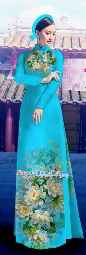 Top Grade Asian Vietnamese Costumes Classical Jing Nationality Long Blue Cheongsam, Vietnam National Clothing Vietnamese Bride Traditional Printing Flowers Ao Dai Dress