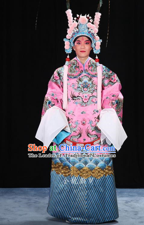Traditional Chinese Beijing Opera Male Pink Clothing and Belts Complete Set, China Peking Opera His Royal Highness Costume Embroidered Robe Dragon robe Opera Costumes