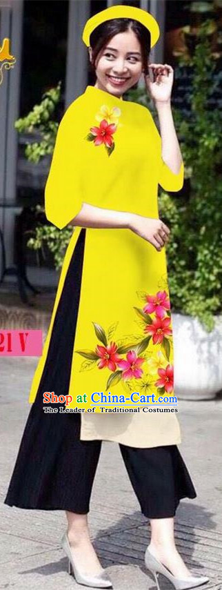 Traditional Top Grade Asian Vietnamese Jing Nationality Ha Festival Ao Dai Dress, Vietnam National Bride Printing Yellow Short Cheongsam Costumes for Women