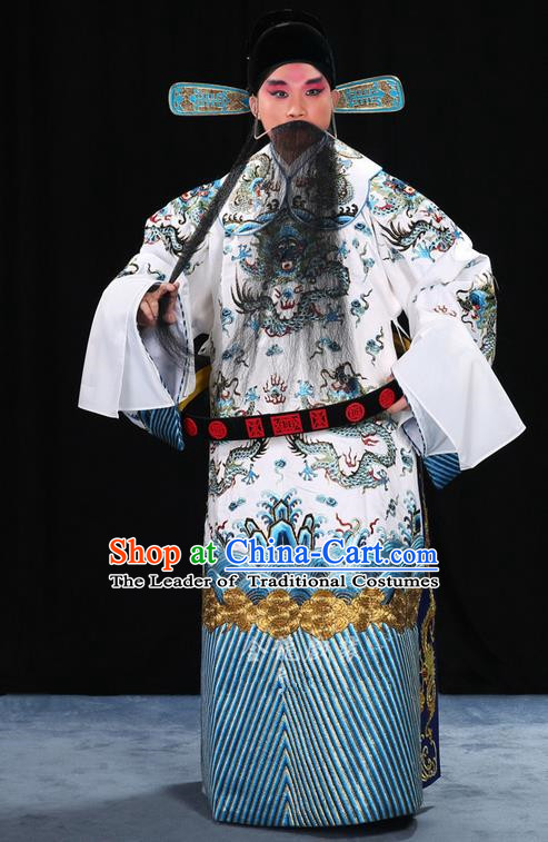 Traditional Chinese Beijing Opera Male White Clothing and Belts Complete Set, China Peking Opera His Royal Highness Costume Embroidered Robe Dragon robe Opera Costumes