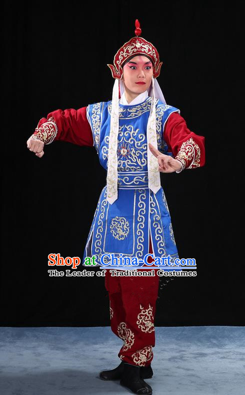 Traditional Chinese Beijing Opera Takefu Blue Clothing Complete Set, China Peking Opera Martial Role Costume Embroidered Opera Costumes