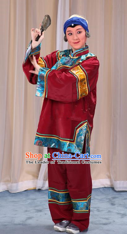 Traditional Chinese Beijing Opera Old Female Purplish Red Clothing and Shoes Headwear Complete Set, China Peking Opera Woman Matchmaker Costume Embroidered Opera Costumes