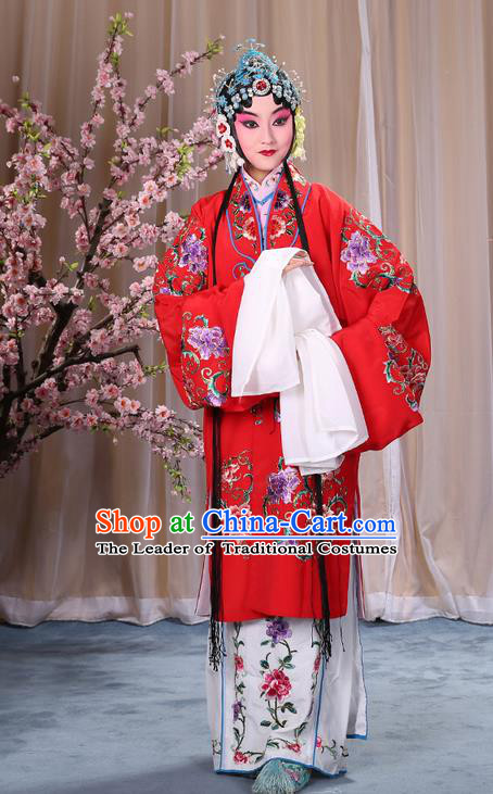 Traditional Chinese Beijing Opera Shaoxing Opera Young Female Red Clothing and Headwear Shoes Complete Set, China Peking Opera Diva Role Hua Tan Costume Embroidered Opera Bride Costumes