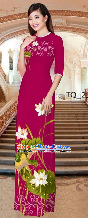 Traditional Top Grade Asian Vietnamese Ha Festival Long Wine Red Ao Dai Dress, Vietnam National Jing Nationality Printing Lotus Cheongsam Costumes for Women