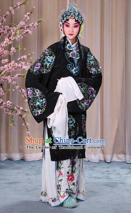 Traditional Chinese Beijing Opera Shaoxing Opera Young Female Black Clothing and Headwear Shoes Complete Set, China Peking Opera Diva Role Hua Tan Costume Embroidered Opera Bride Costumes