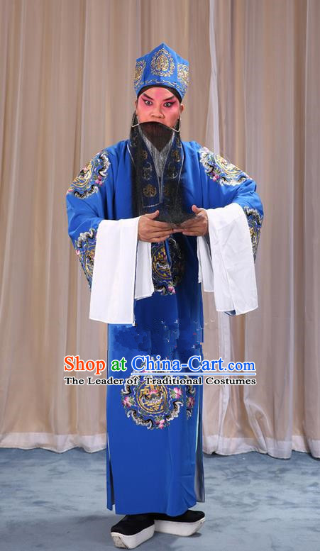 Traditional Chinese Beijing Opera Old Male Landlord Blue Clothing and Headwear Boots Complete Set, China Peking Opera Laosheng-role Costume Ministry Councillor Embroidered Clothing Opera Costumes