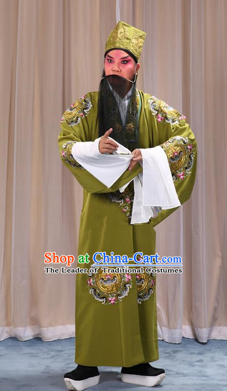 Traditional Chinese Beijing Opera Old Male Landlord Green Clothing and Headwear Boots Complete Set, China Peking Opera Laosheng-role Costume Ministry Councillor Embroidered Clothing Opera Costumes