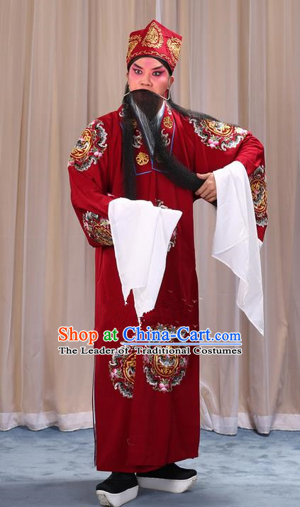 Traditional Chinese Beijing Opera Old Male Landlord Wine Red Clothing and Headwear Boots Complete Set, China Peking Opera Laosheng-role Costume Ministry Councillor Embroidered Clothing Opera Costumes
